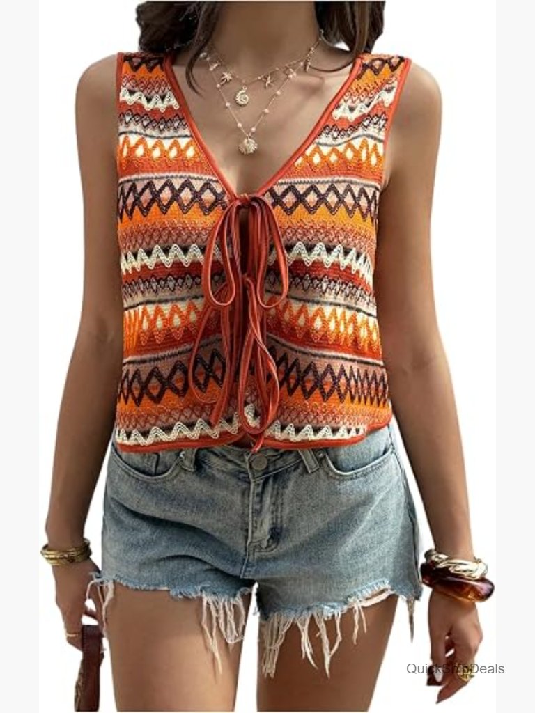 Boho Striped Tie Front Vest V Neck Sleeveless Crop Tank Top Beach Vacation